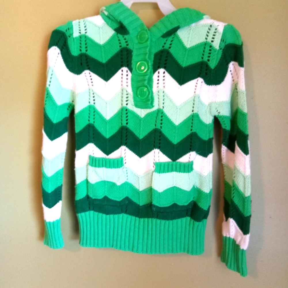 The Childrens Place Girls Green Striped Sweater With Hood. Size Medium 7-8